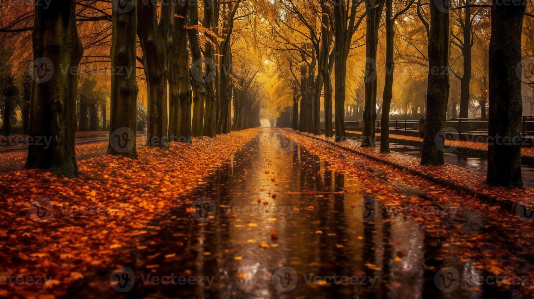 un hermosa largo la carretera en otoño temporada es forrado con arboles Llevando vistoso hojas. ai generativo foto