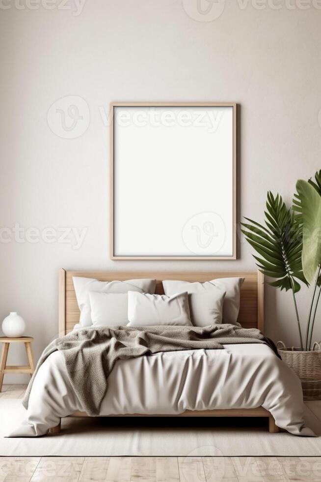 blanco blanco foto póster marco con negro borde en moderno, lujo beige marrón dormitorio, madera cabeza tablero cama, gris frazada, almohada, cabecera mesa, palma planta de casa en luz de sol. ai generativo