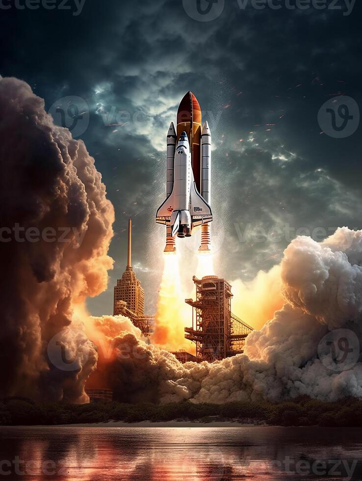 The space shuttles launching from the earth as a tectonic crisis destroys it. photo