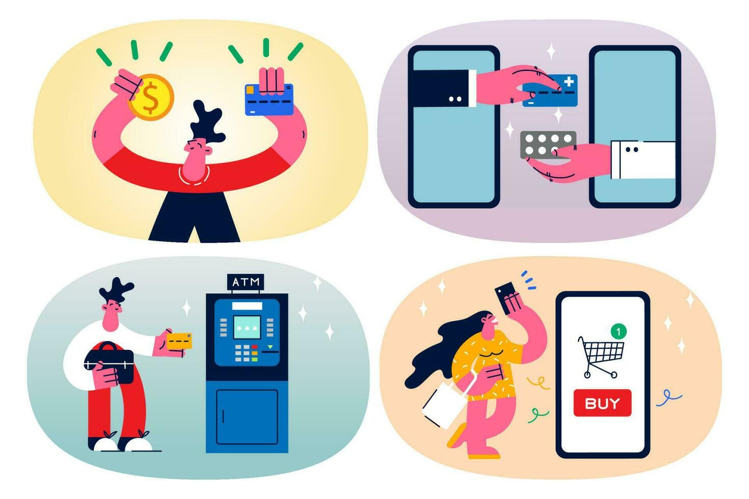 Set of people pay buy online using modern smartphone gadget. Buyer or customer make payment or withdraw money with cellphone device. Digitalization, technology. Vector illustration.