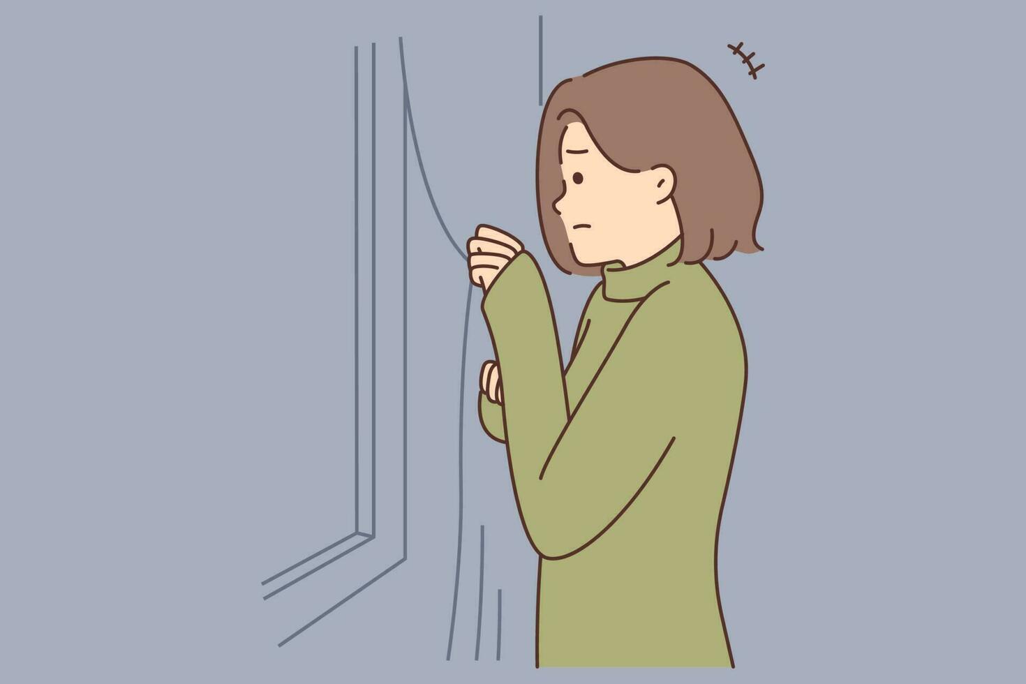 Scared young woman look out of mirror feel anxious or depressed, suffer from mental problems. Unhappy worried female struggle with social isolation. Vector illustration.