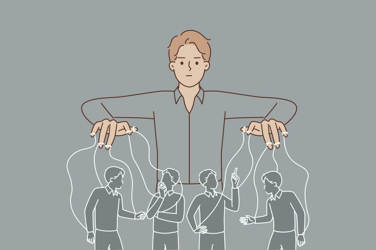 Man puppeteer manipulates people by controlling population with help of threads for concept of world government conspiracy. Businessman puppeteer uses manipulative methods to manage company employees vector