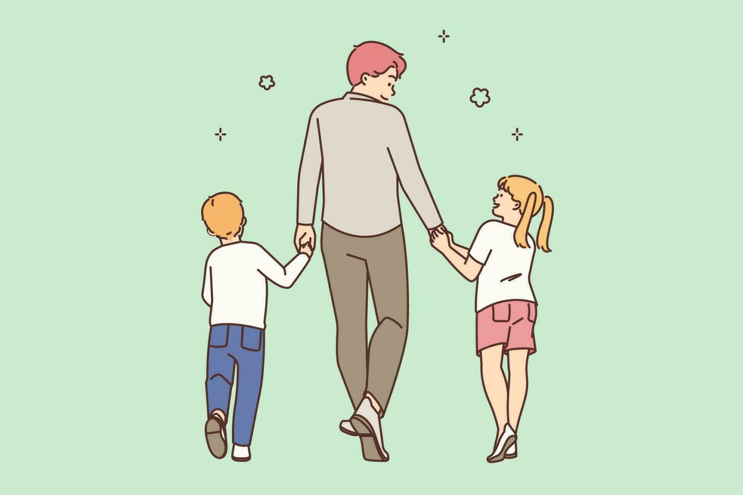 Loving father walking outdoors with kids. Caring young dad and little children holding hands enjoy family time together. Fatherhood. Vector illustration.