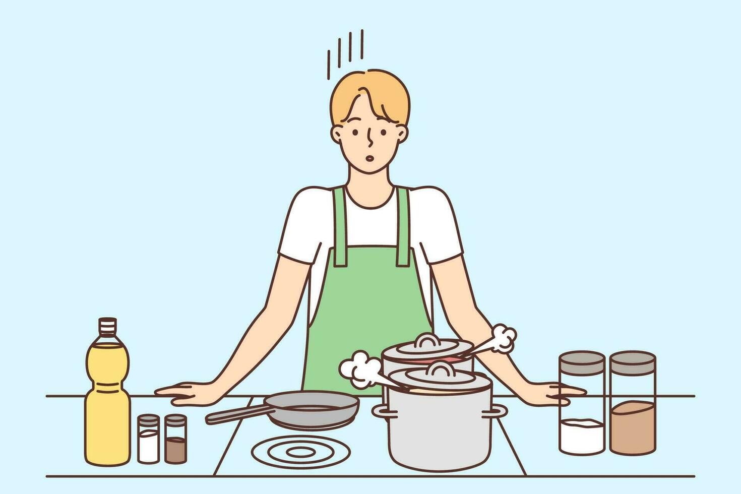 Confused young man cooking food on kitchen. Frustrated guy prepare dish or meal in pans at home. Household job. Vector illustration.