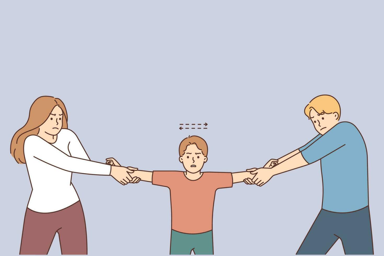 Furious parents tear unhappy boy share kid after separation or breakup. Mad stubborn mother and father divide child after split. Family problems. Vector illustration.