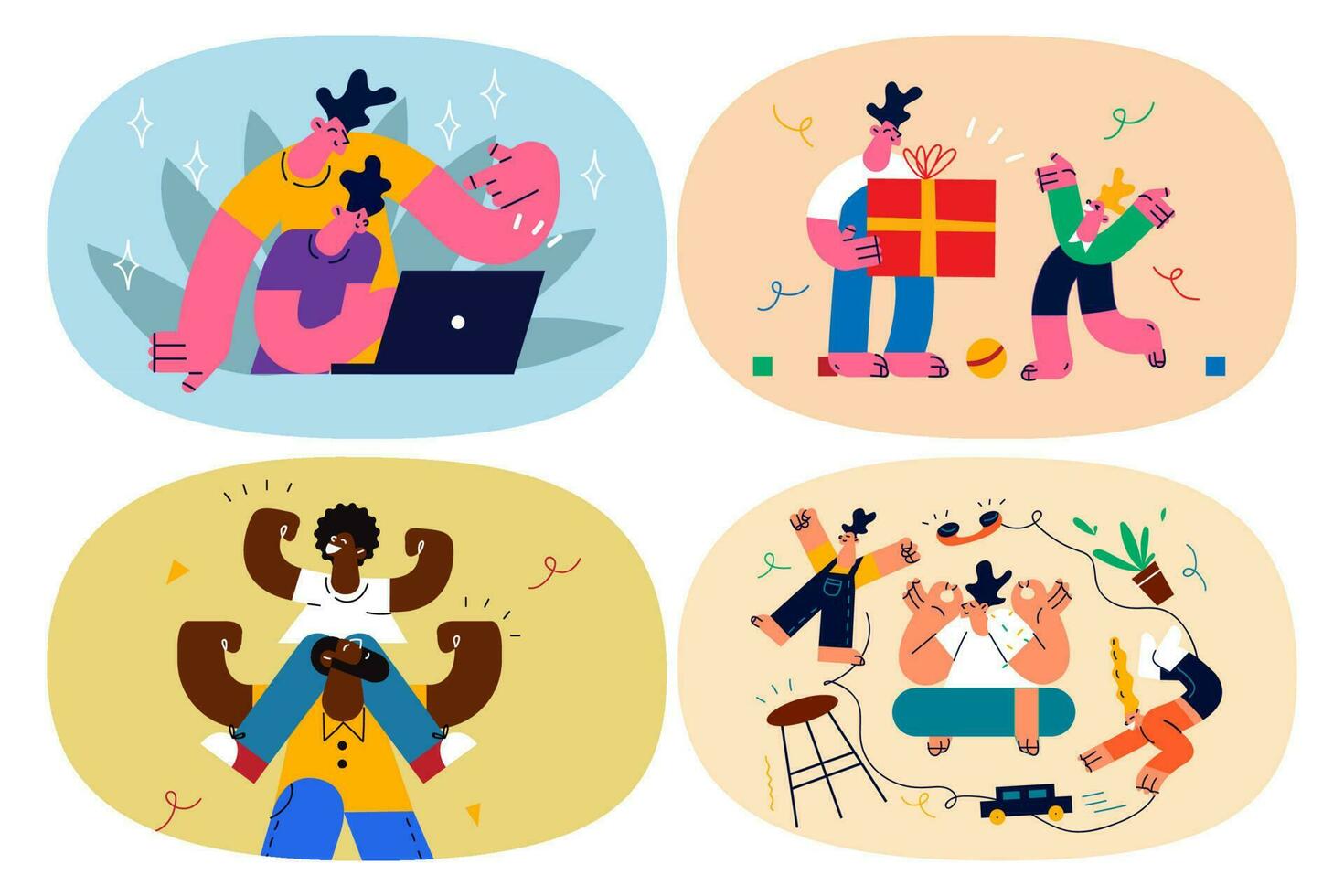Caring dad play together with small son child, enjoy weekend use computer together. Loving father celebrate birthday with kid rest feel playful. Fatherhood concept. Flat vector illustration. Set.