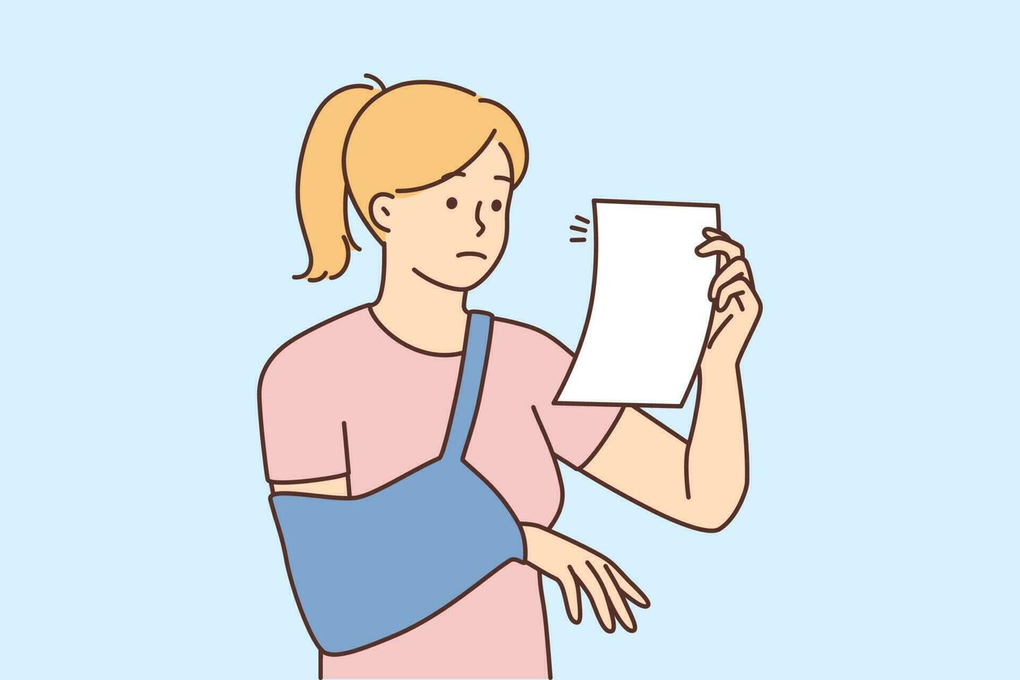 Confused young woman with broken arm in cast read paper from doctor. Frustrated girl with hand trauma look at therapist prescription. Vector illustration.