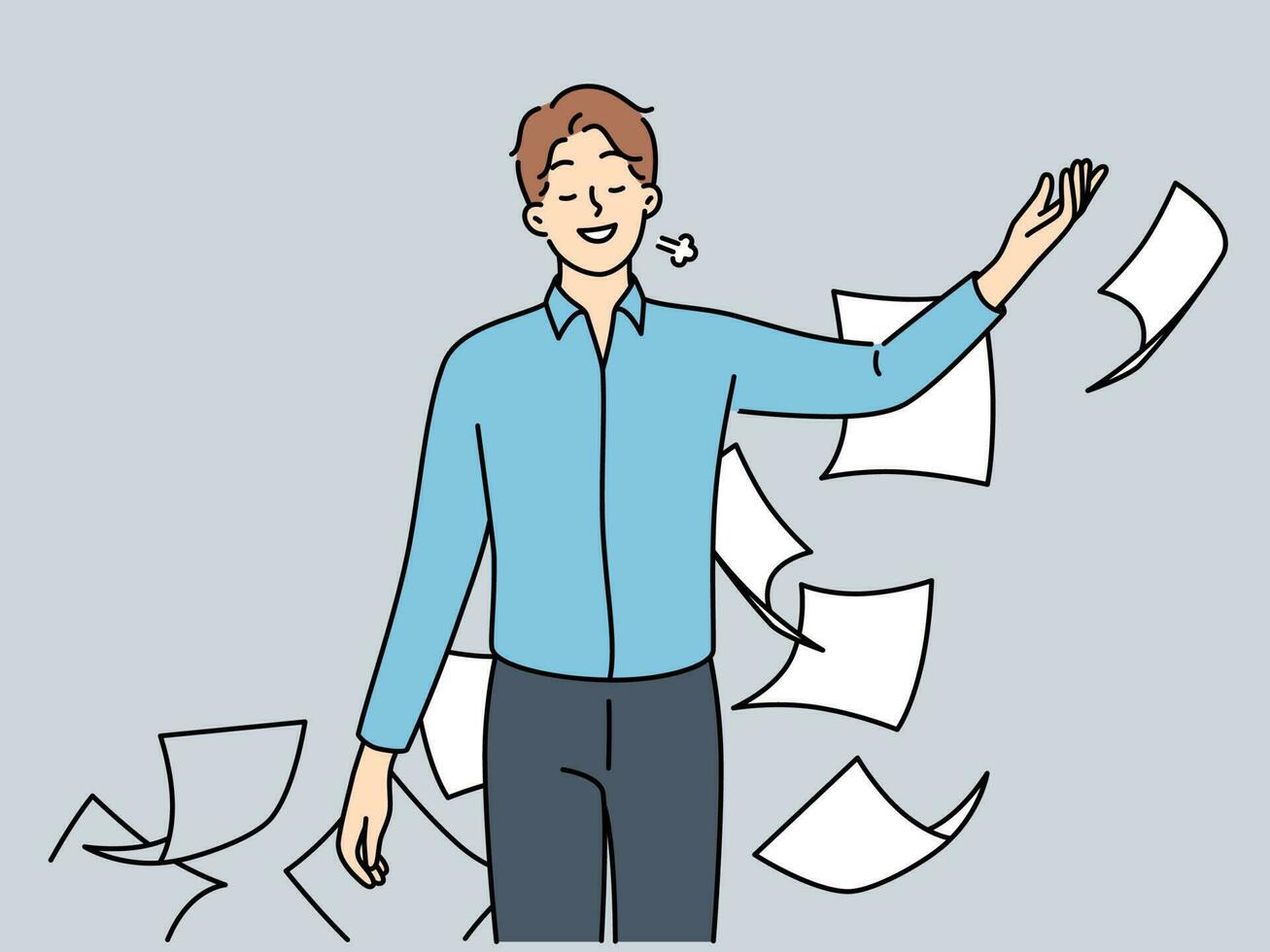 Happy businessman throw paperwork feel relieved or stress free. Smiling male employee throwing papers or documents. Vector illustration.