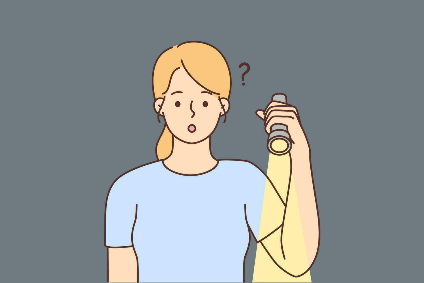 Confused young woman with light in darkness. Frustrated female hold flashlight lighten dark surroundings feeling questioned and troubled. Vector illustration.