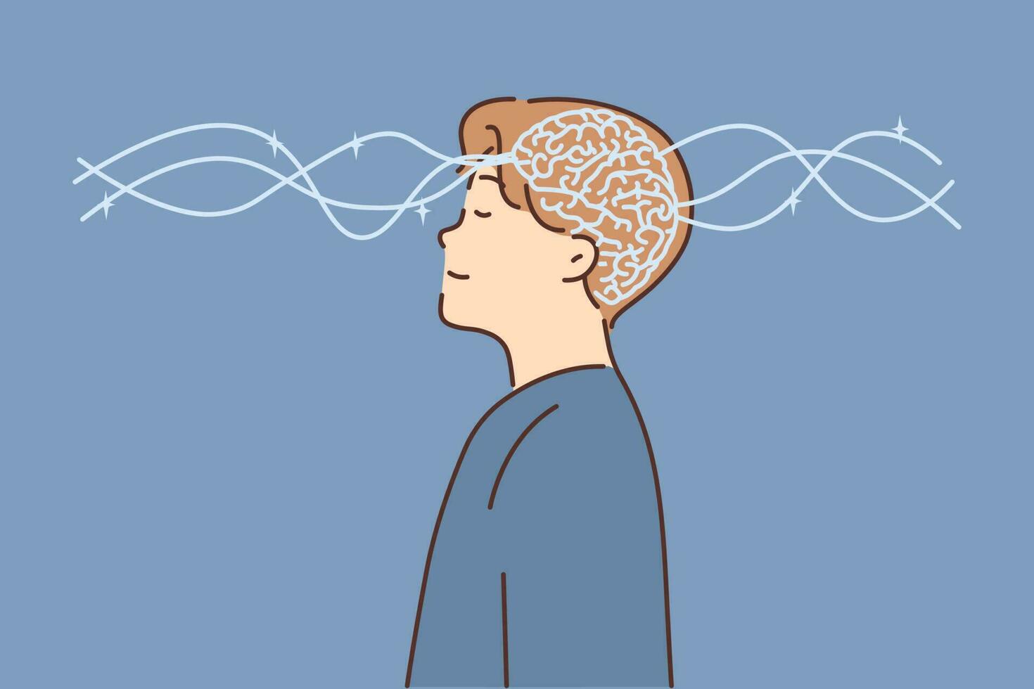 Glowing brain in head of man closing eyes for concept of psychological health and meditation with calming effect. Waves passing through guy brain as metaphor for telepathy or psychoanalysis vector