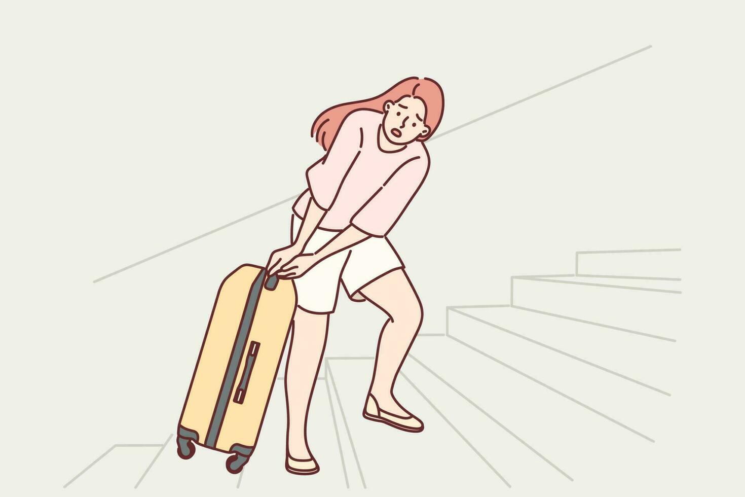 Woman tourist pulls travel suitcase up stairs at train station or airport, concept of uncomfortable urban environment. Girl tourist with heavy suitcase goes on long journey or expedition vector