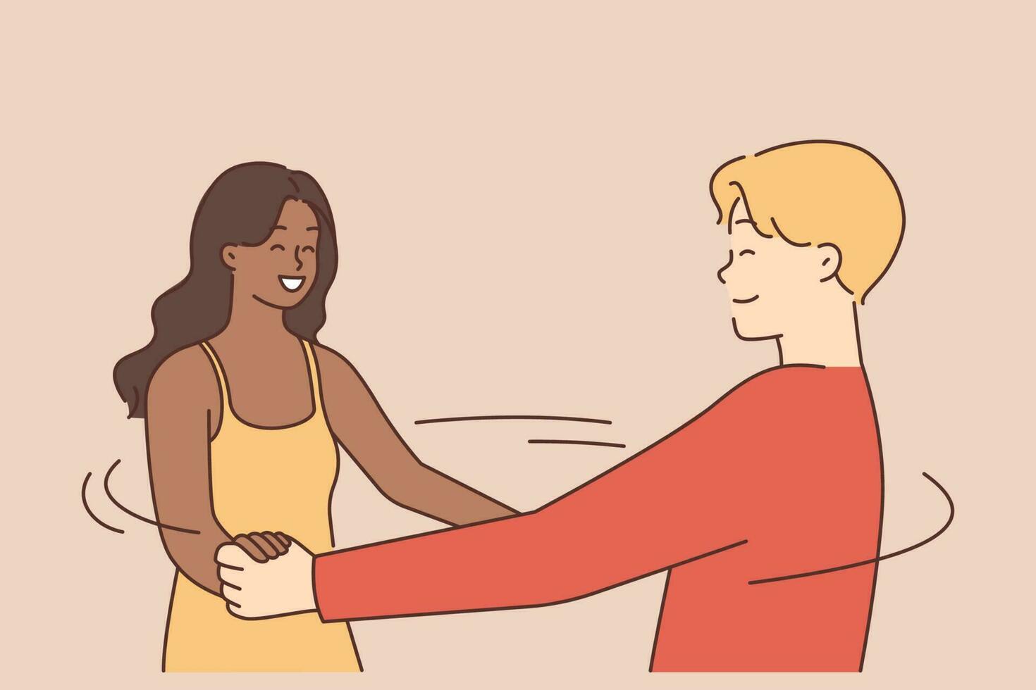 contento multiétnico Pareja sostener manos bailando juntos. sonriente interracial hombre y mujer tener divertido balanceo. vector ilustración.