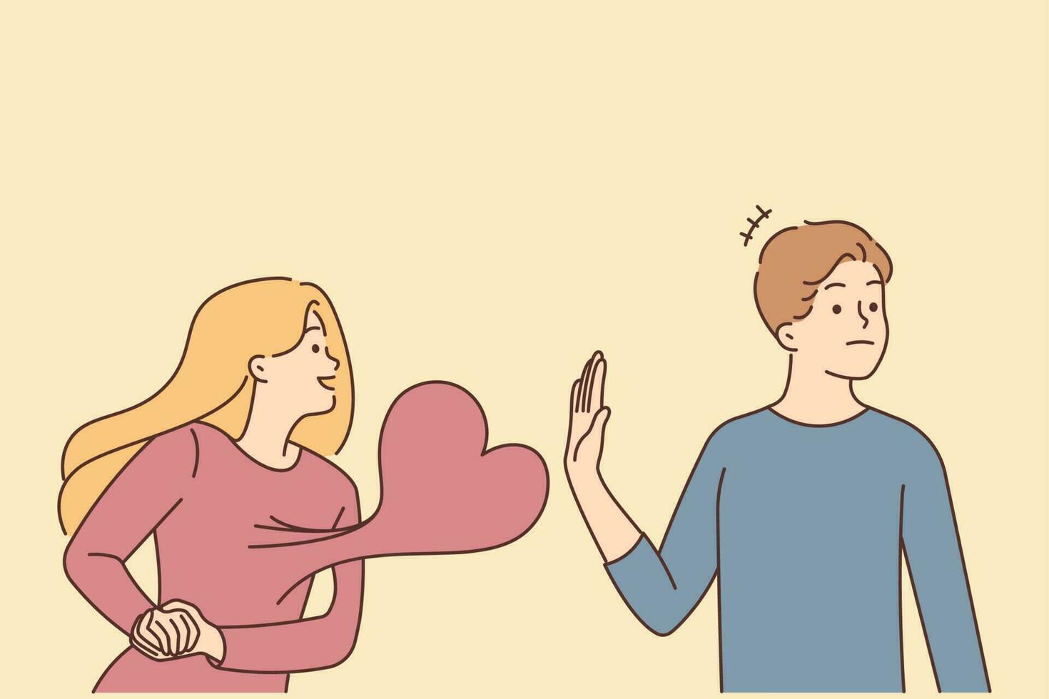 Young man reject woman in love showing affection. Stubborn guy say no to girl feeling in love. Relationships problems. Vector illustration.