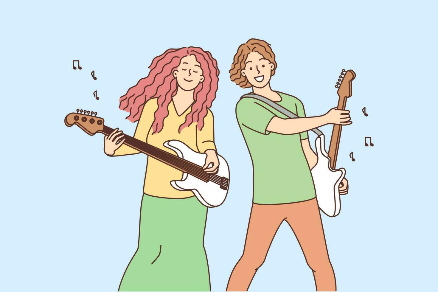 contento músicos con guitarras jugando música. sonriente hippie Pareja tener divertido ejecutando juntos. pasatiempo y entretenimiento. vector ilustración.