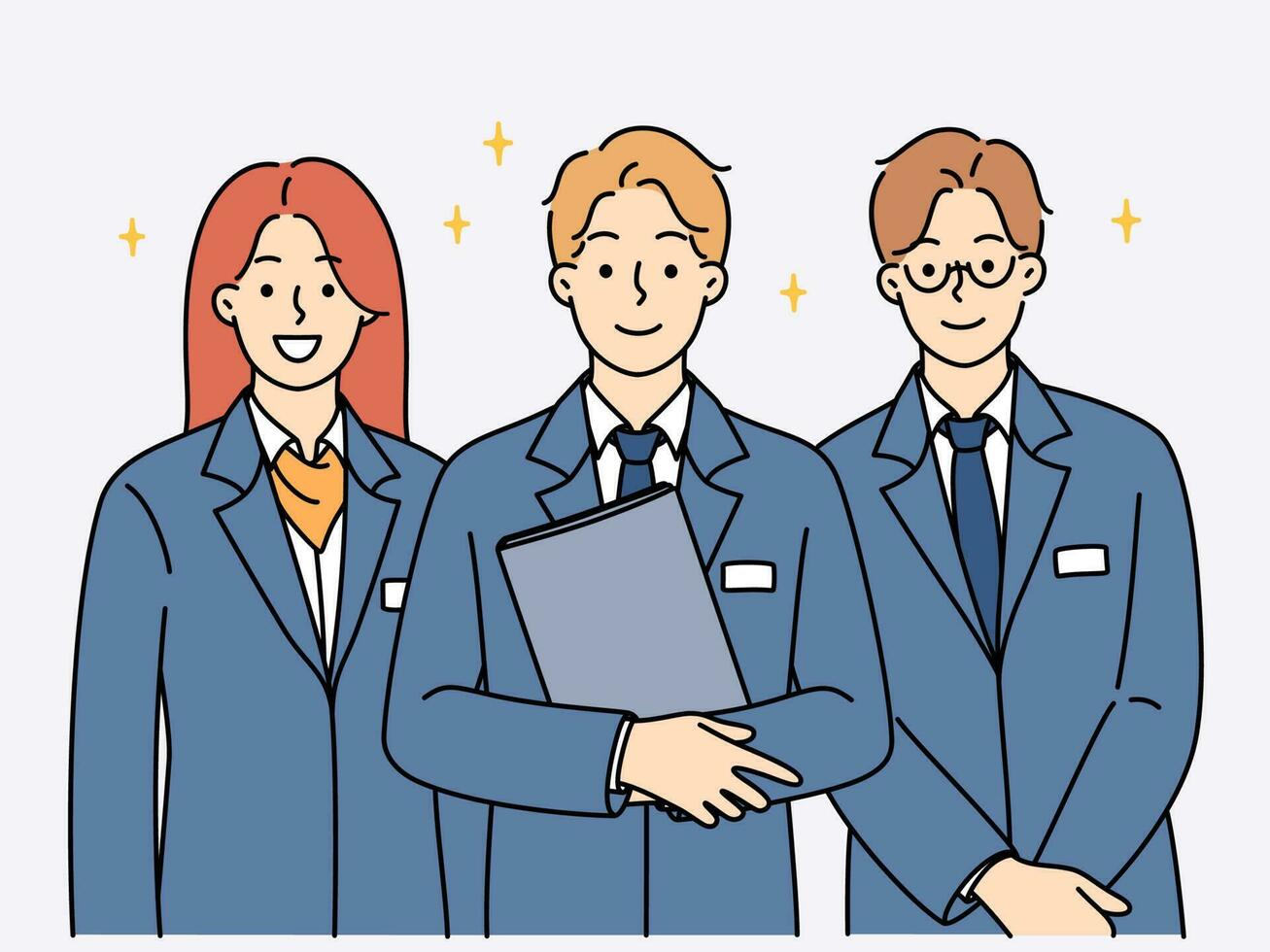 Smiling administration staff in uniform standing together showing unity and leadership. Happy receptionists meet welcome new client. Hotel personnel. Vector illustration.