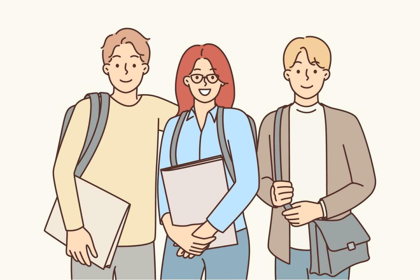 College friends with backpacks and workbooks smiling looking at camera for group photo with friends. Two men and woman enjoy spending time together after class on college or university campus vector