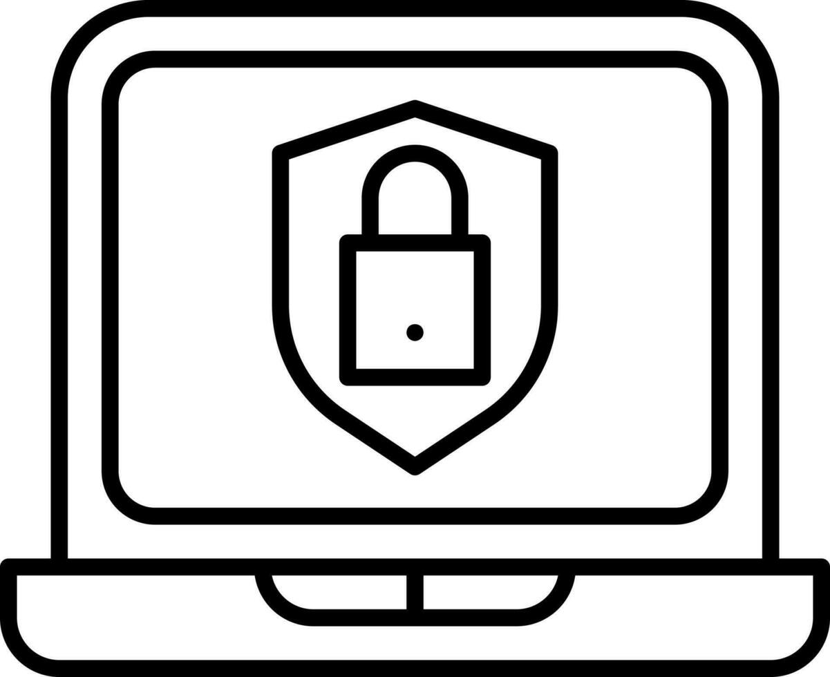 Black Linear Style Data Security In Laptop Icon. vector