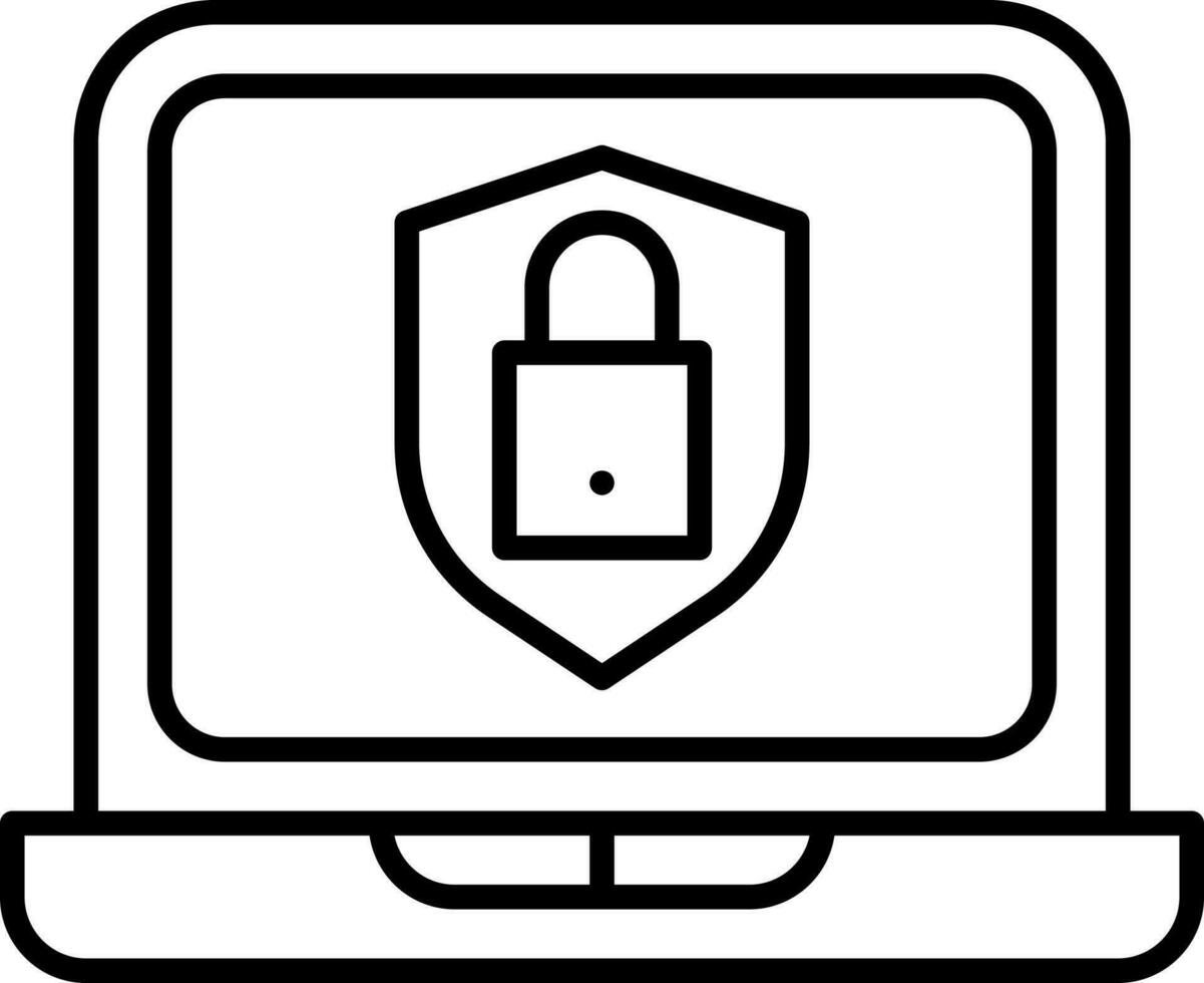 Black Linear Style Data Security In Laptop Icon. vector