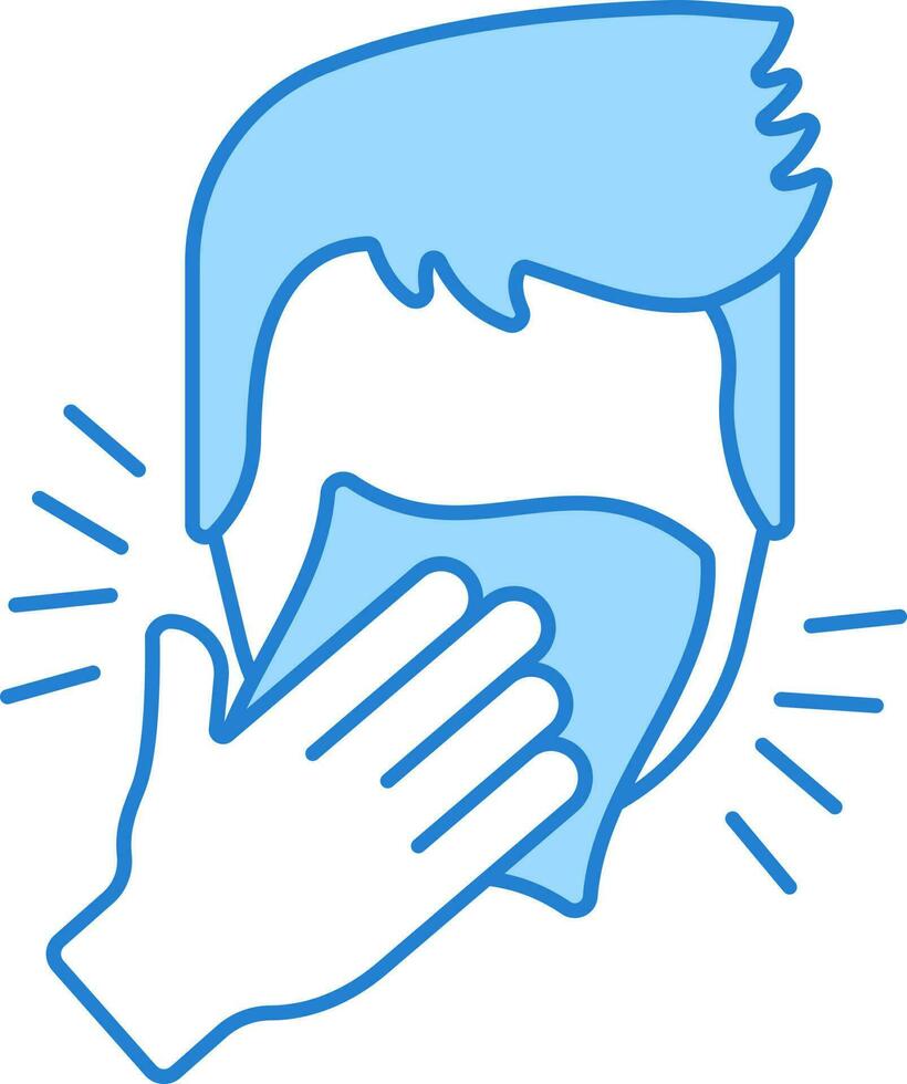 estornudos o tos hombre cara cubrir con servilleta azul y blanco icono. vector