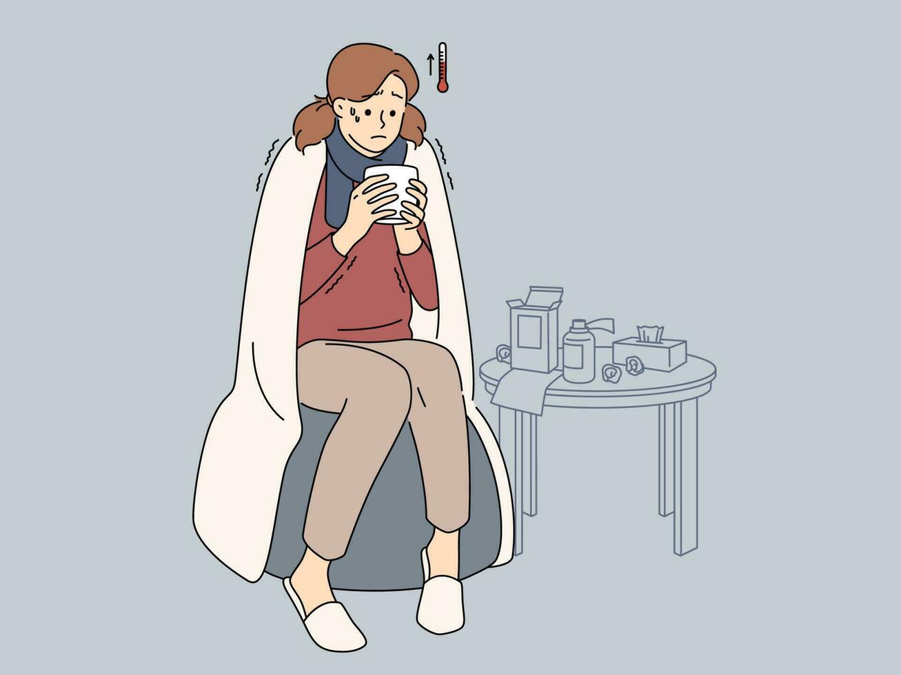 Unhealthy young woman suffer from cold drink warm tea take medications at home. Unwell sick girl struggle with influenza or covid. Medicine and healthcare. Vector illustration.