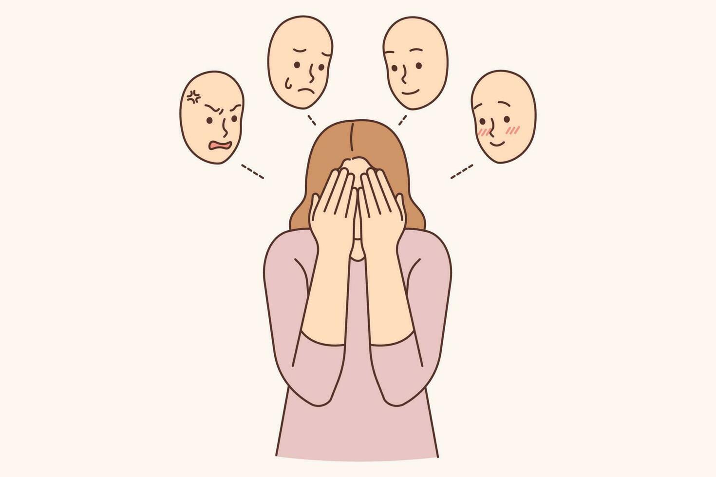 Distressed woman suffer from mood swings having personality disorder. Unhappy girl struggle with different moods. Depression and mental problems. Vector illustration.