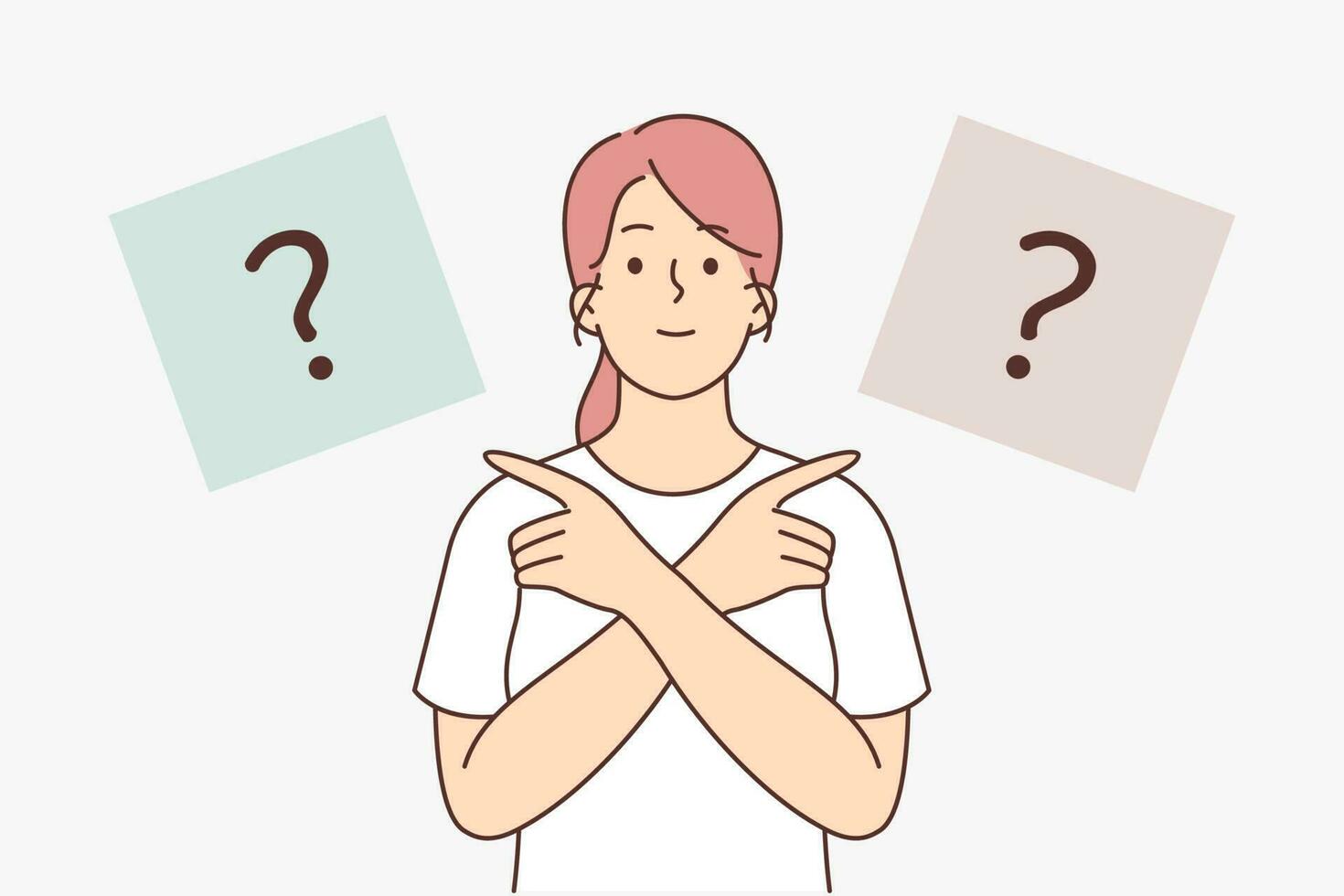 Woman points fingers in different directions trying to choose best of options and make difficult decision. Woman has difficulty thinking about important decision in face of uncertainty vector