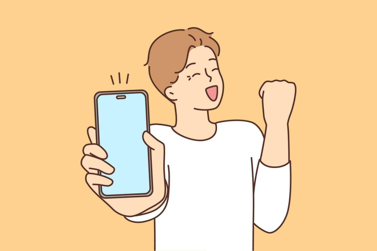 lleno de alegría joven hombre espectáculo Bosquejo Teléfono móvil pantalla celebrar ganar o victoria. sonriente chico emocionado acerca de bueno Noticias o texto mensaje en teléfono inteligente vector ilustración.