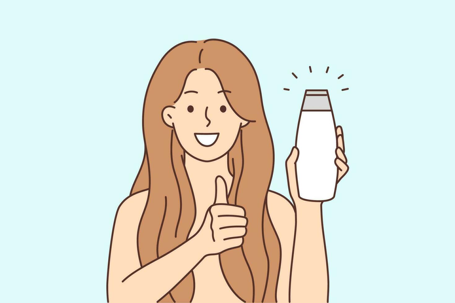 sonriente joven mujer con largo sano pelo sostener champú botella recomendar bueno belleza producto. contento hembra dar recomendación a productos cosméticos. vector ilustración.