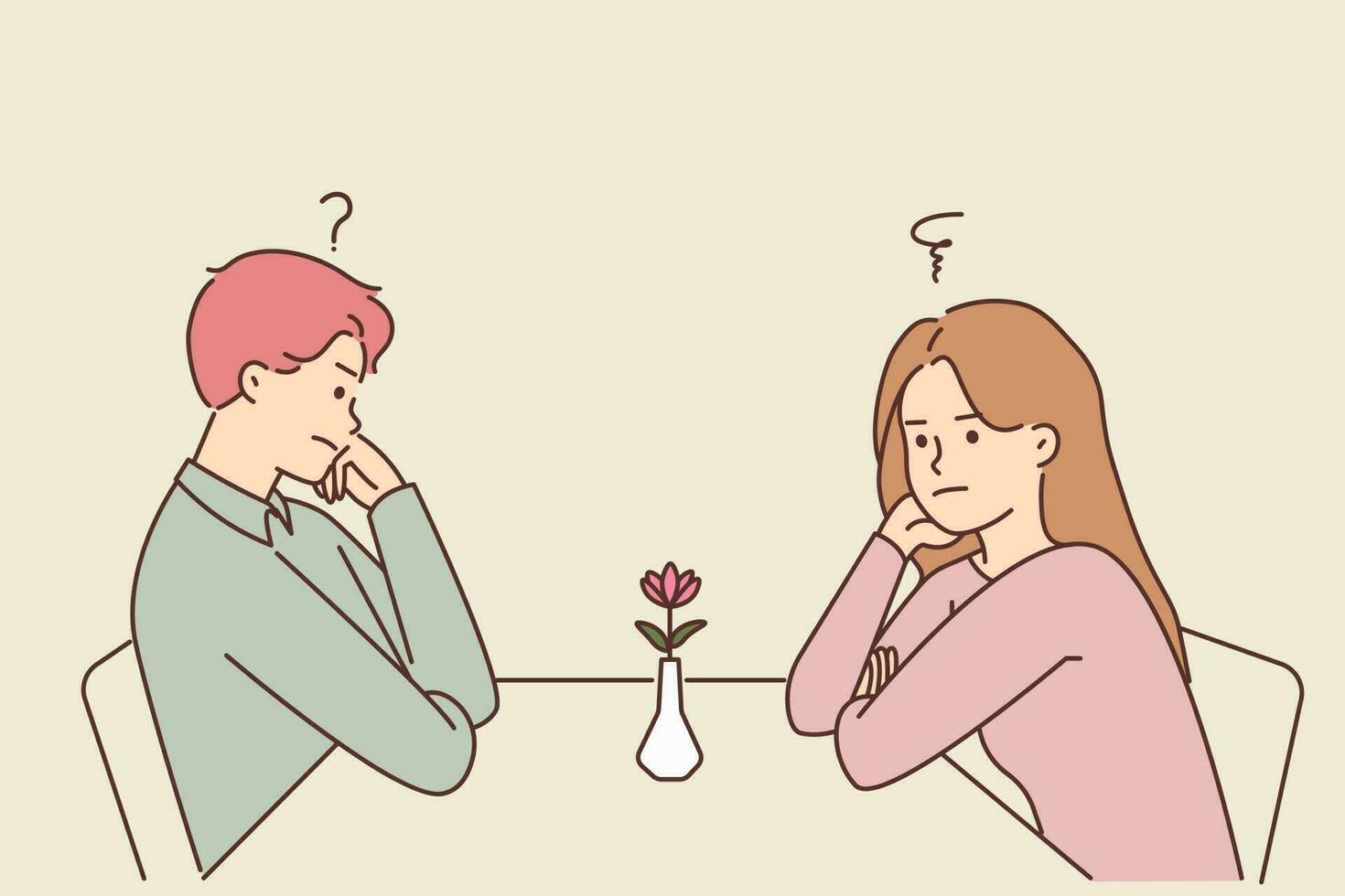 Unhappy man and woman sit at table in restaurant at first date feeling confused and stressed. Frustrated couple at cafe have fight or disagreement. Vector illustration.