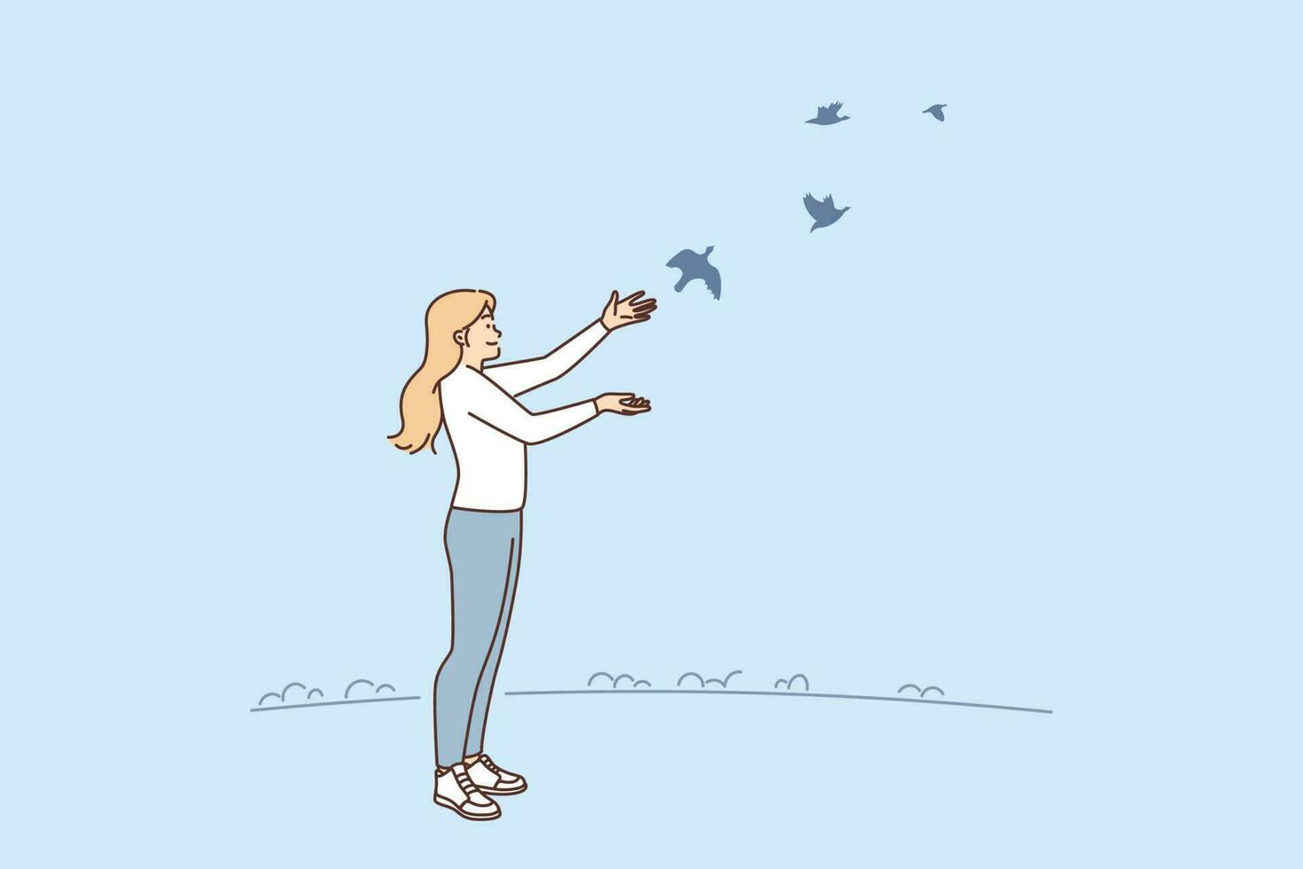 Woman releases pigeons to freedom for concept hope and faith in happy future. Happy girl ornithologist escorts pigeons flying into sky after naturalization and breeding of wild birds vector