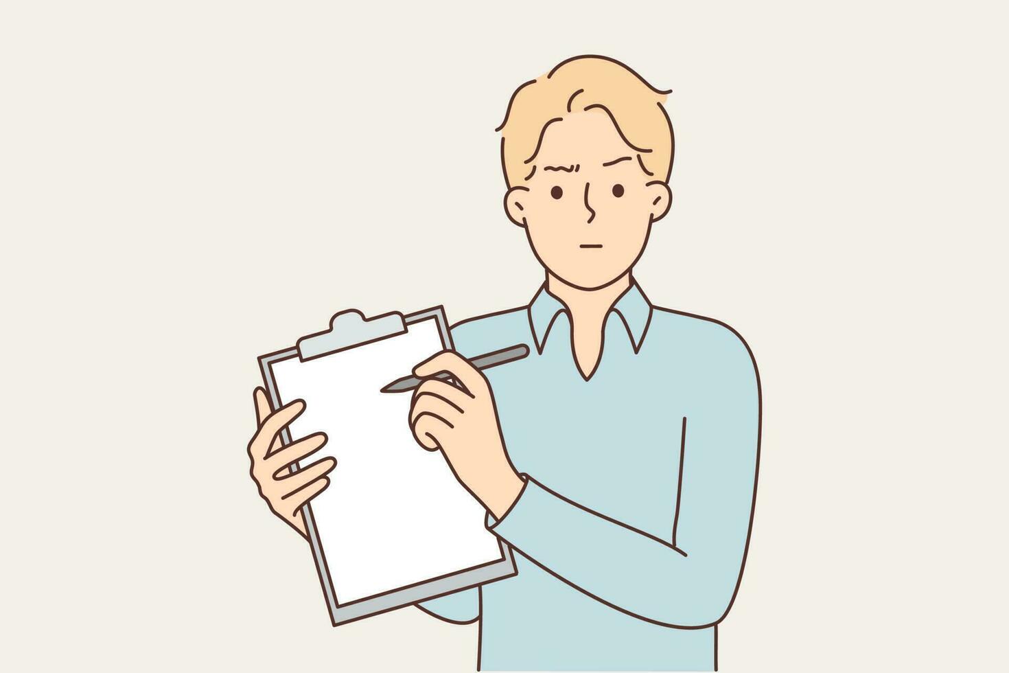 Man psychiatrist demonstrates clipboard and looks skeptically at screen asking patients about presence of problems. Guy psychotherapist with clipboard conducts survey to find out need for treatment vector