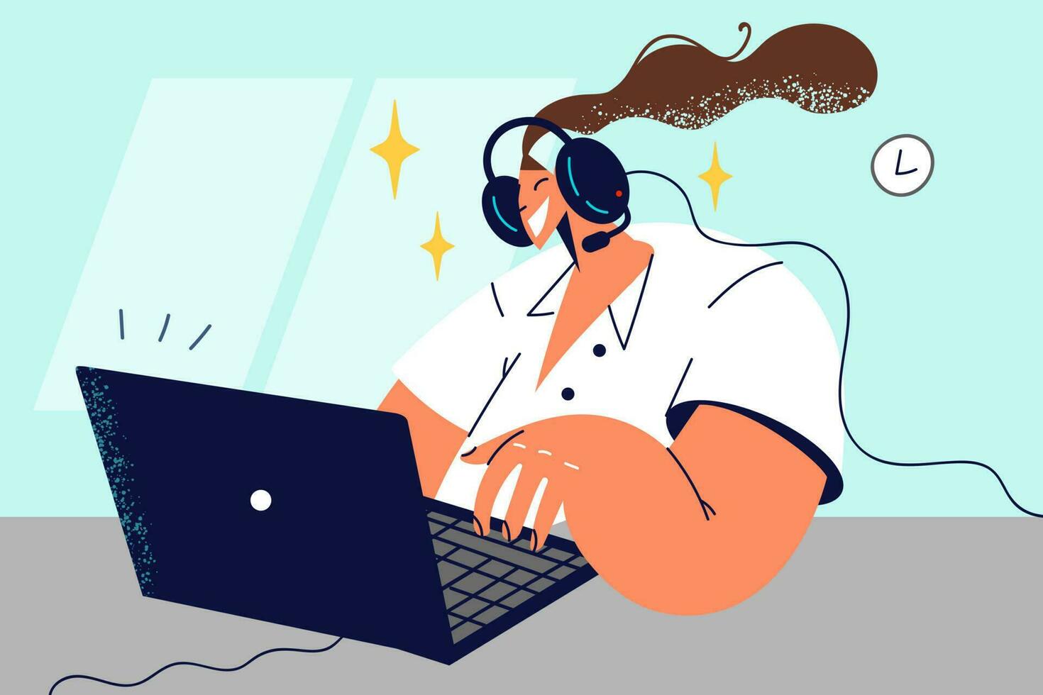 Happy woman in headset working on computer consult client online. Smiling female call center agent in earphones busy at laptop. Vector illustration.
