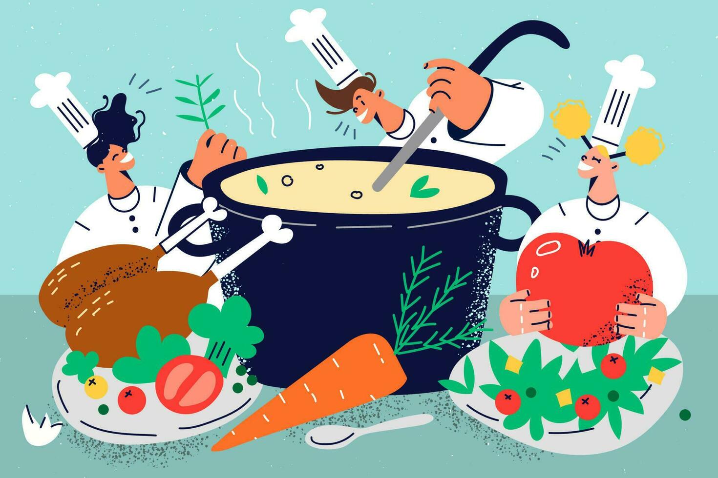 Group of chefs cooking soup in pan together. Smiling people preparing tasty food together. Cuisine and culinary. Vector illustration.