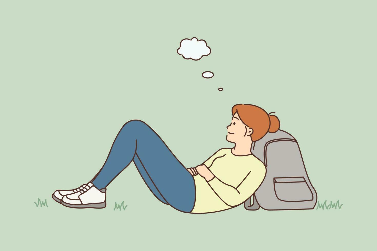 Happy young woman lying on ground dreaming or visualizing. Smiling girl relax outdoors making plans or imagining. Vector illustration.