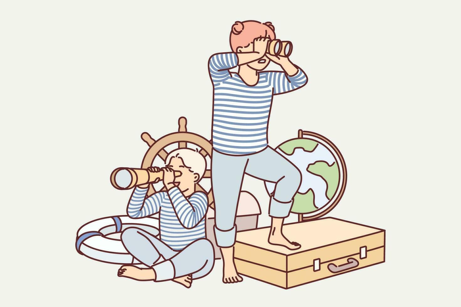 Children play sailors with vintage nautical things and dream of becoming travelers. Little boy and girl use spyglasses looking in different directions and pretending to be sailors on ship vector