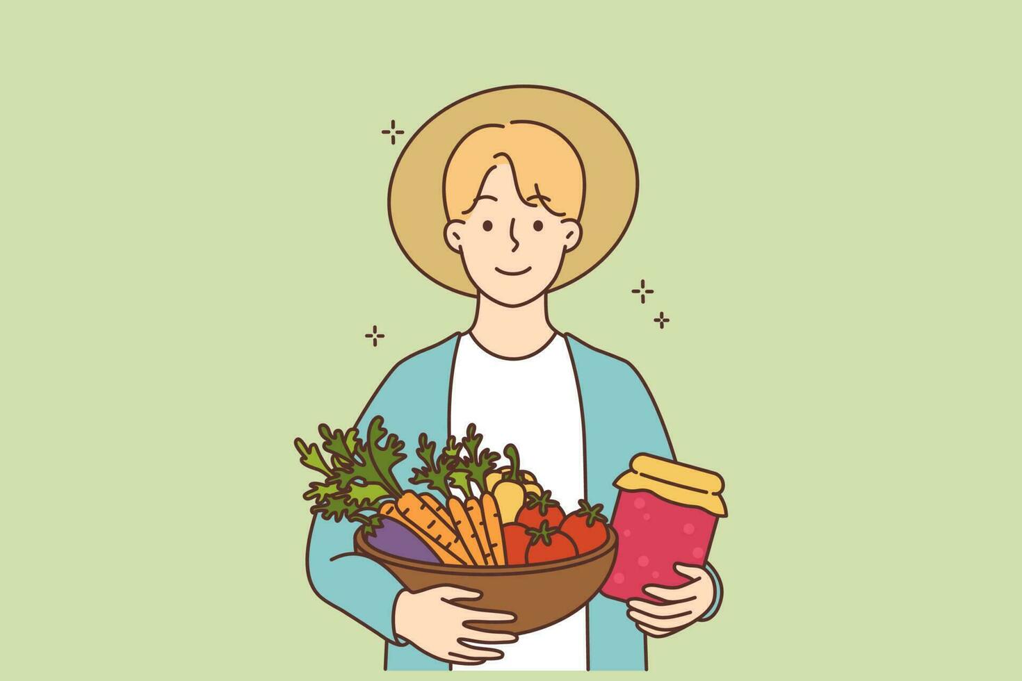 Smiling male farmer with fruits and vegetables in hands. Happy man gardener with crops excited with good harvest. Organic products. Vector illustration.