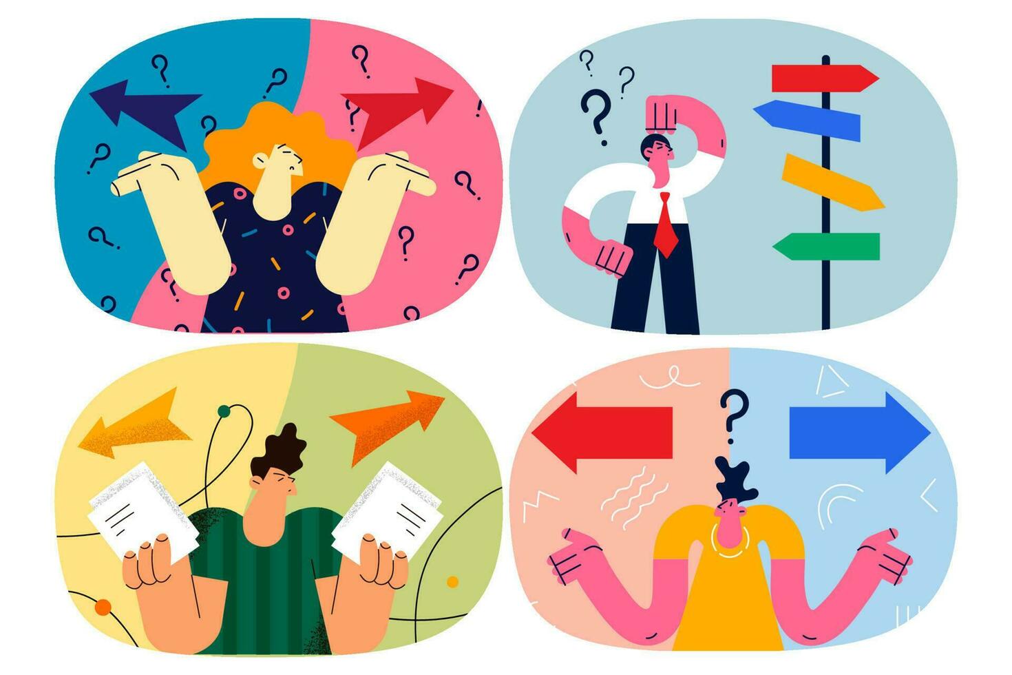 Confused business person frustrated with arrows face different directions look for right decision. Doubtful businesspeople think brainstorm over problem solution. Flat vector illustration. Set.