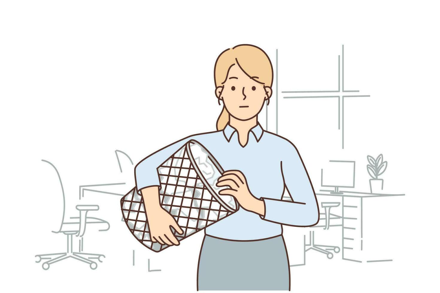 Woman secretary with trash can filled with crumpled paper is looking for lost document. Woman office employee holding trash can in hands for concept of recycling corporate documents vector