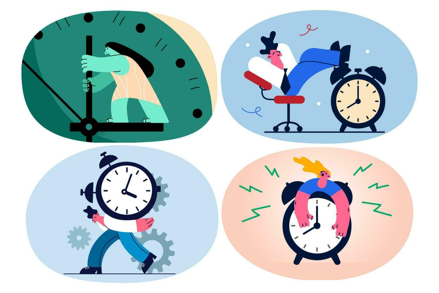 Stressed businesspeople exhausted with office job struggle with emotional work burnout. Tired employees suffer from fatigue or exhaustion. Overwork and time management. Vector illustration. Set.