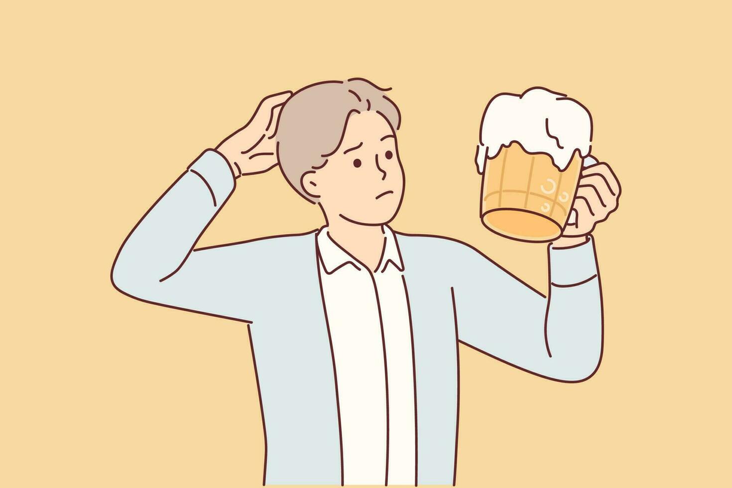 Man with mug of beer scratches head and doubts whether it is necessary to drink ale containing hops and alcohol. Confused guy with spilling beer doubts quality of drink due to excess of foam vector