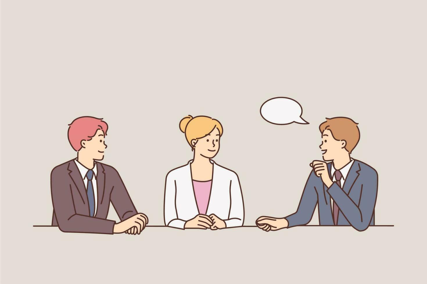 Diverse businesspeople sit at desk in office brainstorm discuss business ideas together. Smiling employees or colleagues talk at meeting at workplace. Vector illustration.