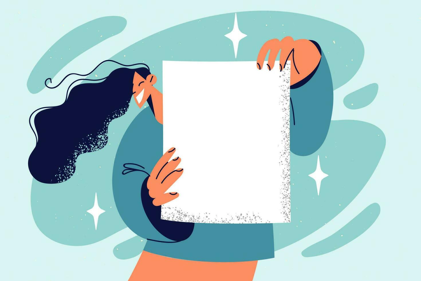 Smiling young woman show white empty paper for advertising placement. Happy girl demonstrate mockup space on paperwork. Vector illustration.