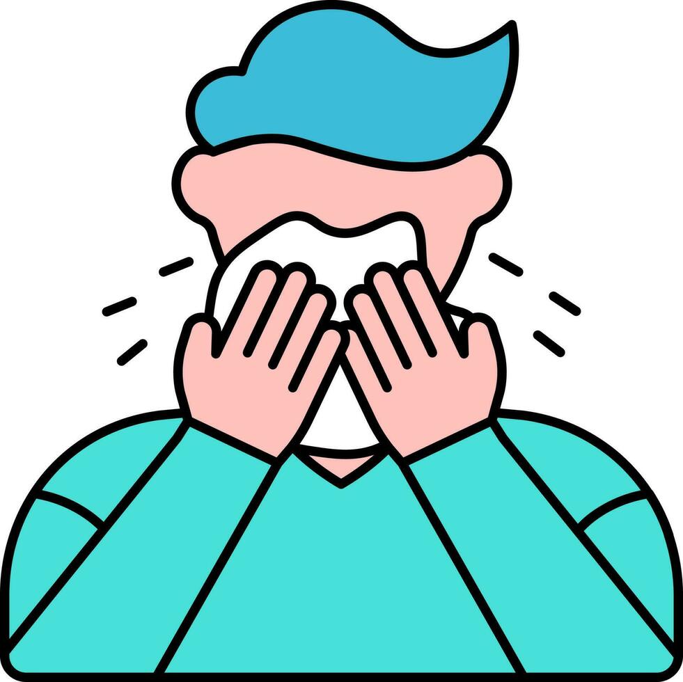 Sneezing Or Coughing Man Face Cover With Napkin Blue And Pink Icon. vector