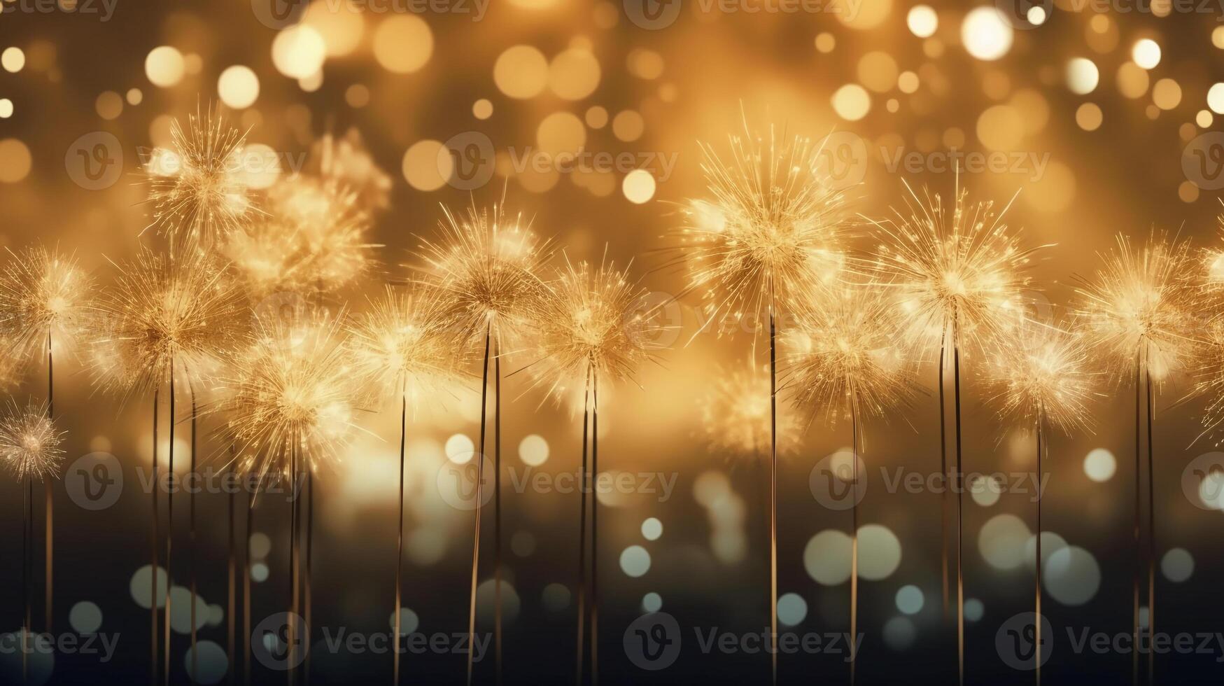 Gold and silver Fireworks and bokeh in New Year eve and copy space. Abstract background holiday. photo