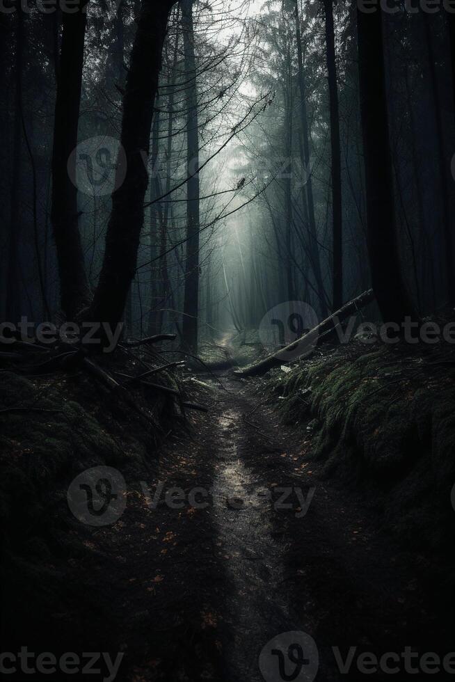 oscuro bosque, con un camino en el medio, horror ambiente, arboles en el lado. ai generativo foto