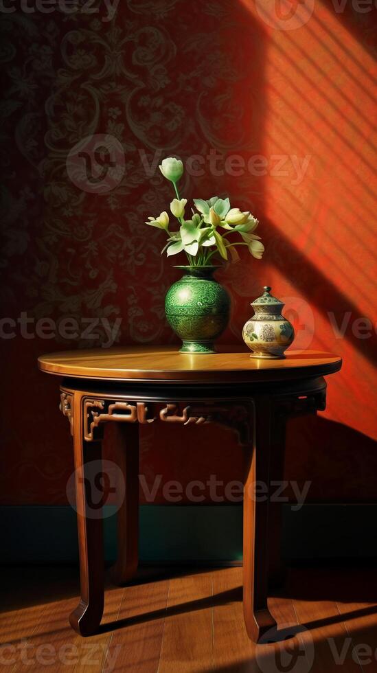 A brown table, wooden, classical style bouquet on the right side of the table. photo