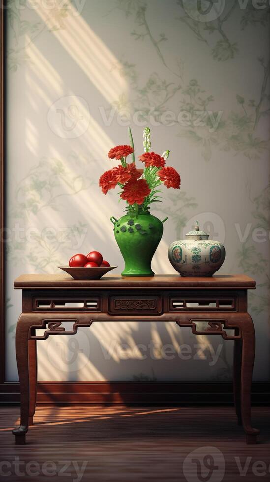 A brown table, wooden, classical style bouquet on the right side of the table. photo