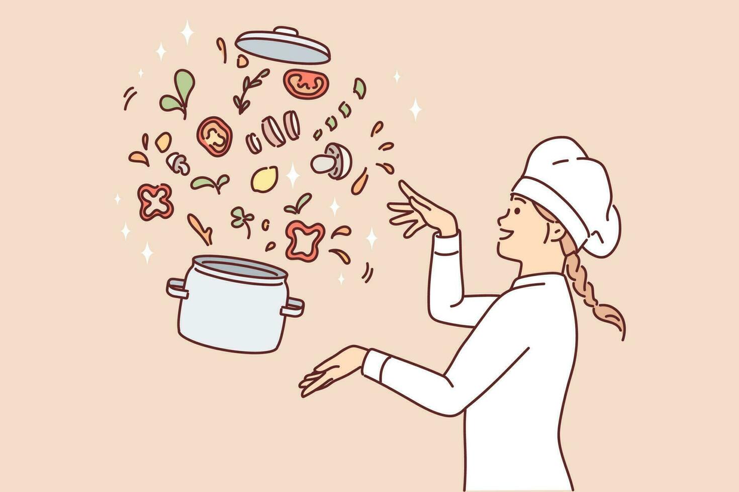 Woman chef prepares vegetable soup standing near flying pot with sliced mushrooms and herbs. Girl chef demonstrates recipe for vegetarian soup with useful substances and vitamins vector