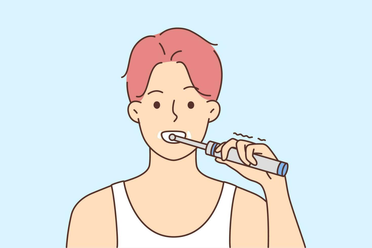 Young man brush teeth with electric toothbrush. Guy do daily morning oral care routine. Dentistry and healthcare. Vector illustration.