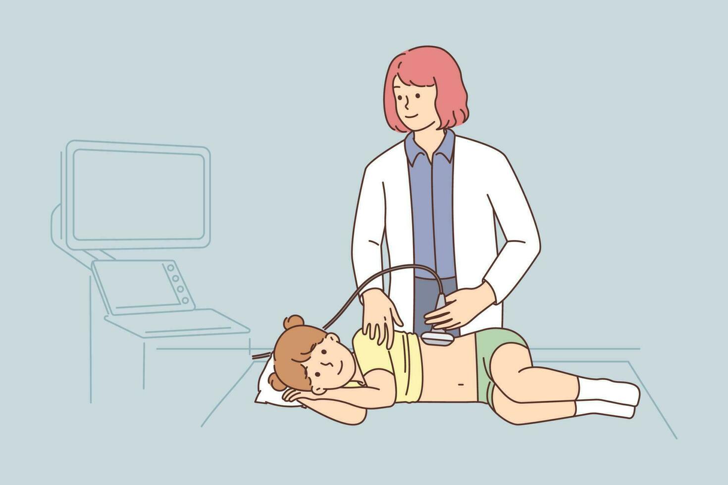 Female doctor doing ultrasound to girl child in hospital. Woman GP examine kid in clinic. Children checkup or examination. Vector illustration.